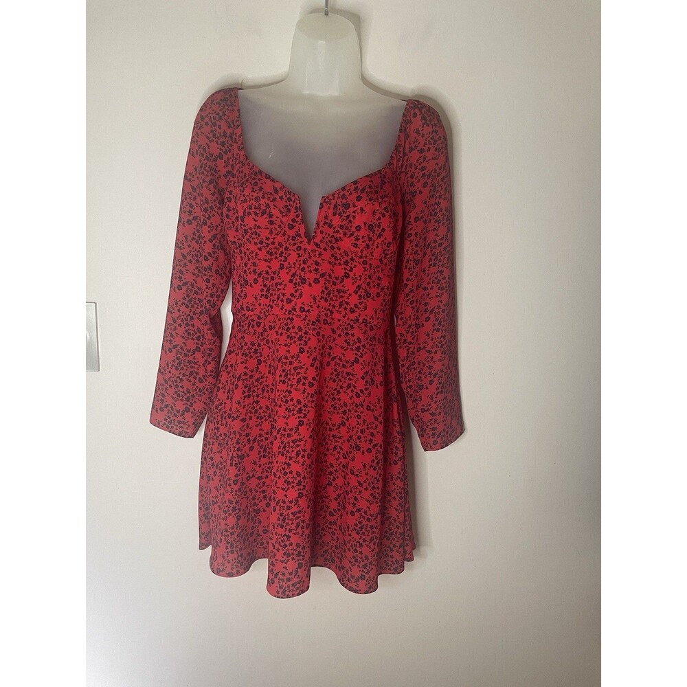 Blue Life Dress Long Sleeve Red Black Floral Pattern Size S